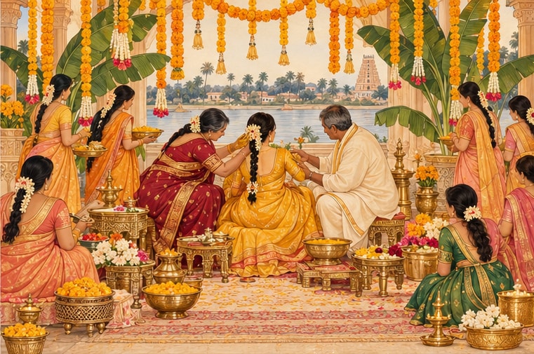 Painted illustration of a bride receiving Haldi blessings from her parents and family.