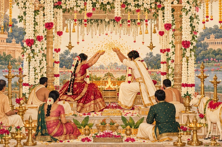 Painted Telugu wedding scene with the talambralu ritual beneath a jasmine mandap.